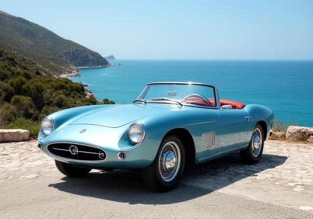 Lancia Aurelia B24 Spider in un paesaggio costiero